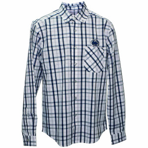 white, navy, and gray plaid button down long sleeve shirt with stitched Penn State Athletic Logo over left chest pocket